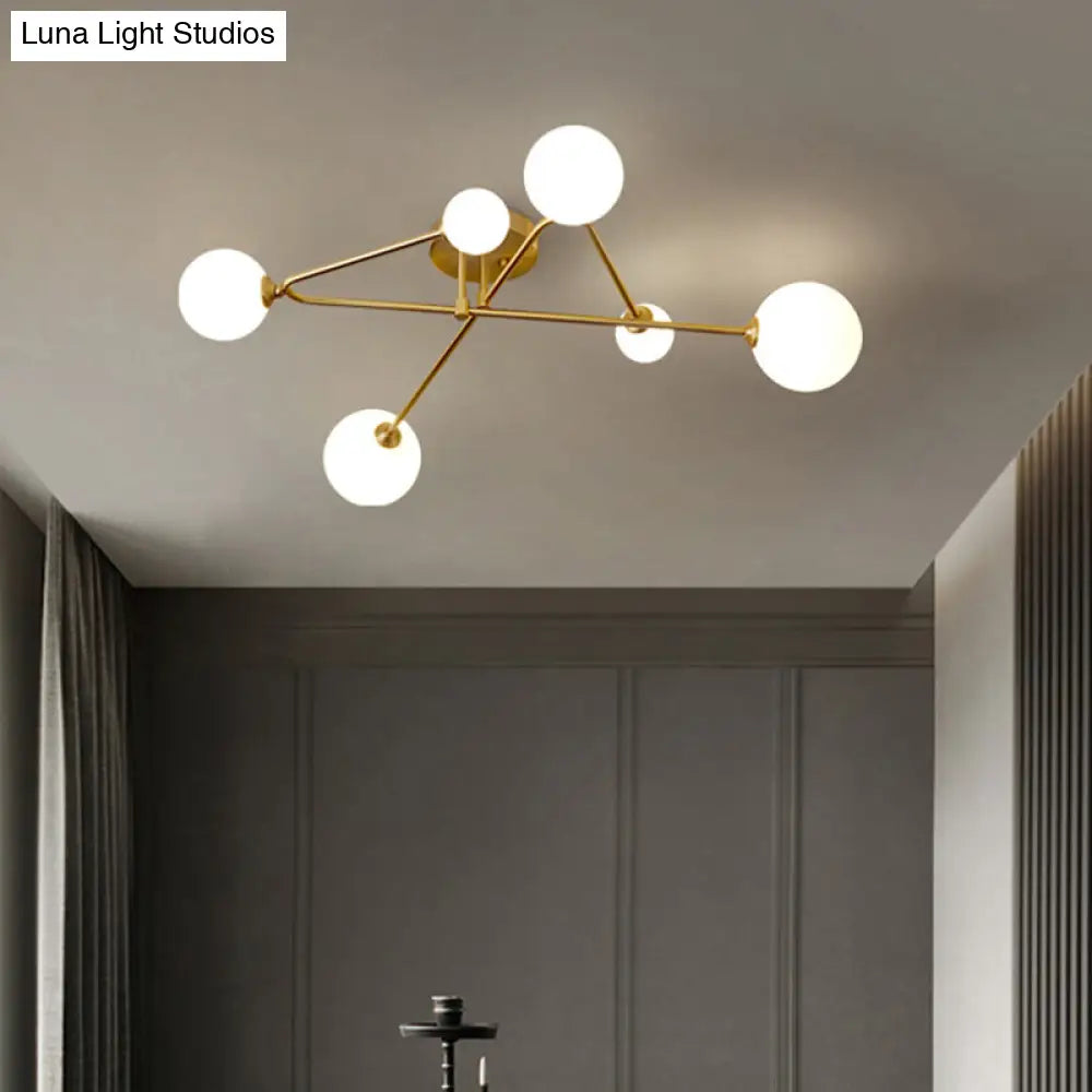 Milk Glass Orb Ceiling Light: Postmodern Brass Flush Mount