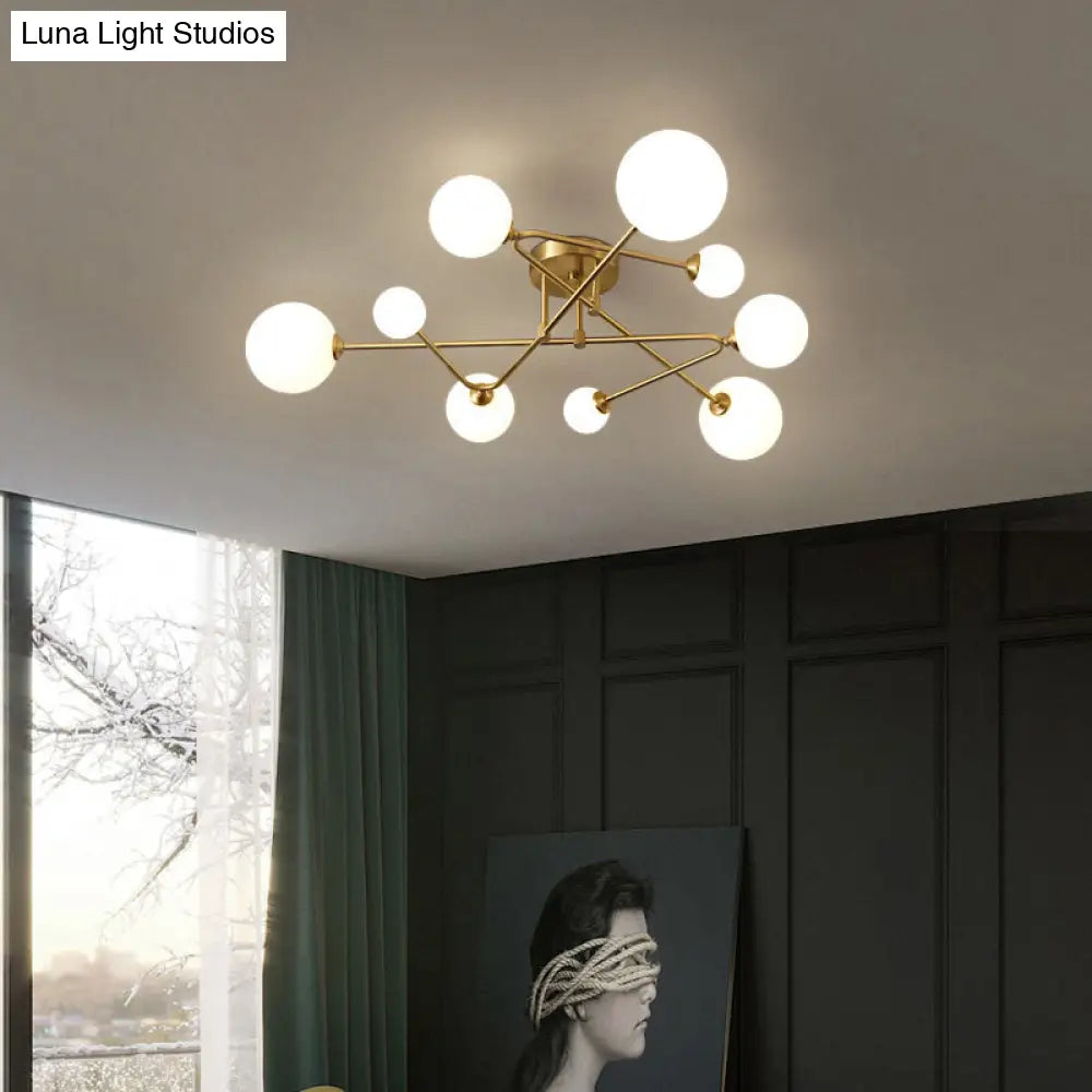 Milk Glass Orb Ceiling Light: Postmodern Brass Flush Mount