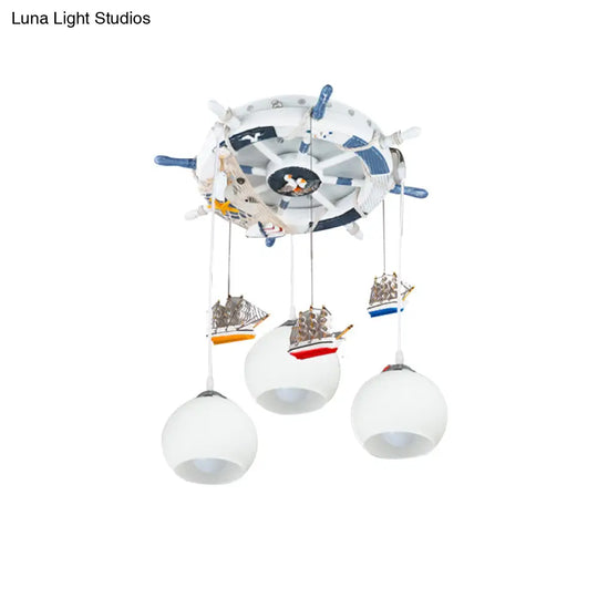 Milk Glass Orb Ceiling Pendant With Nautical 3-Light Ship & Rudder Design - Perfect For Childs