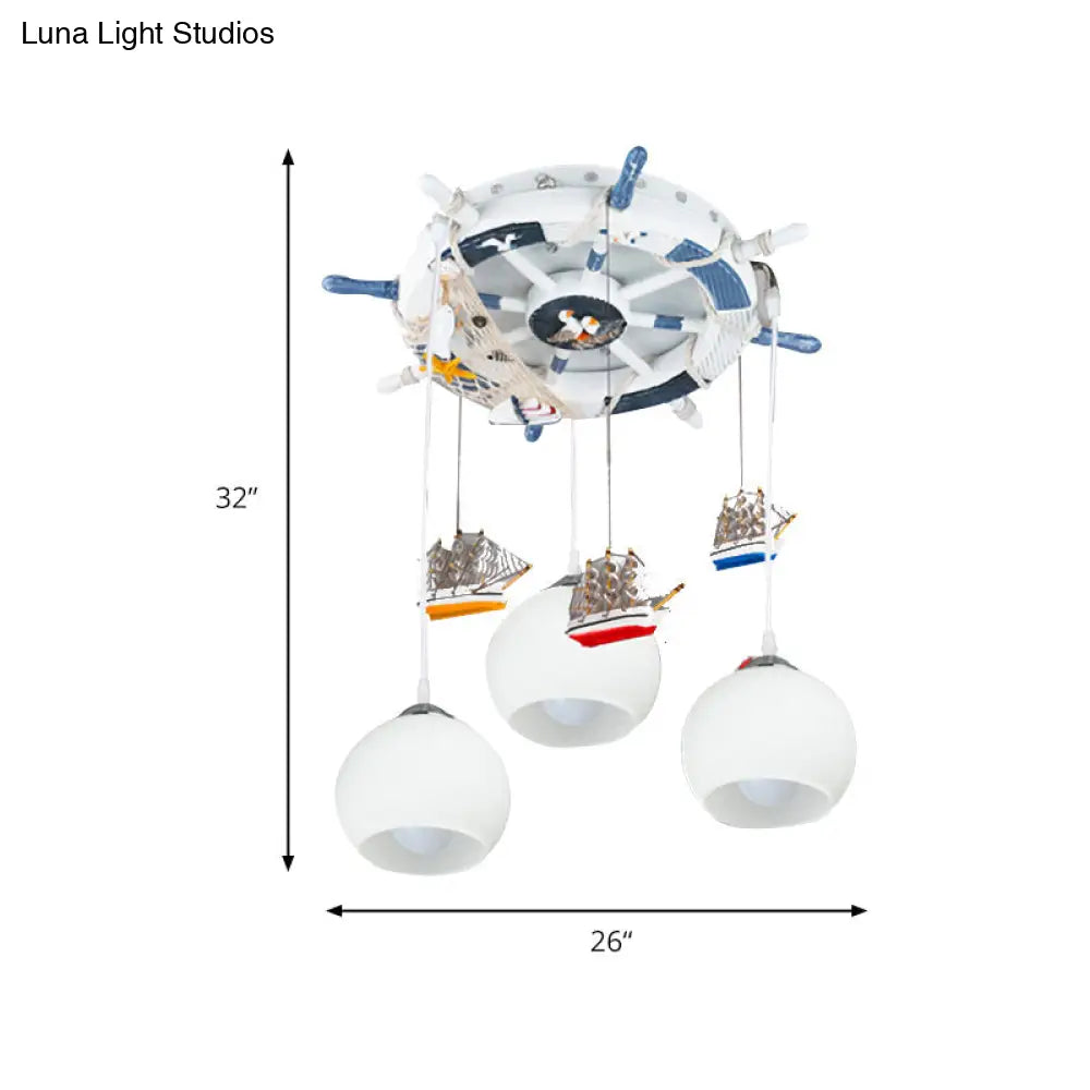 Milk Glass Orb Ceiling Pendant With Nautical 3-Light Ship & Rudder Design - Perfect For Childs