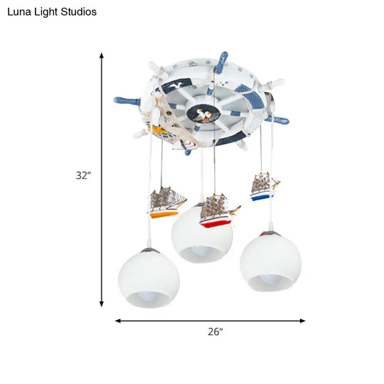 Milk Glass Orb Ceiling Pendant With Nautical 3-Light Ship & Rudder Design - Perfect For Childs