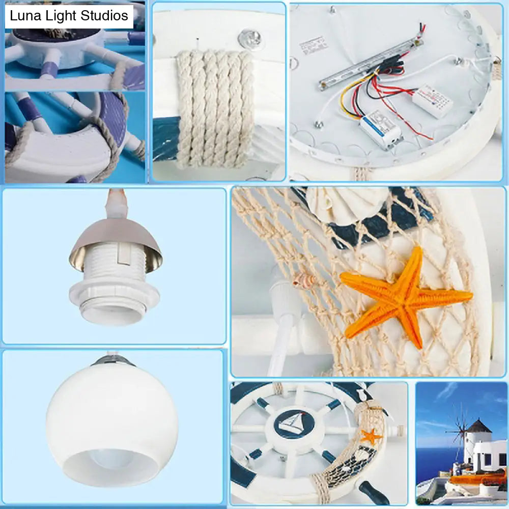 Milk Glass Orb Ceiling Pendant With Nautical 3-Light Ship & Rudder Design - Perfect For Childs