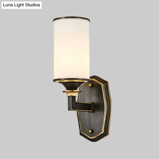 Milk Glass Wall Sconce Countryside 1/2-Light Corridor Fixture - Black/Gold Right Angle Arm