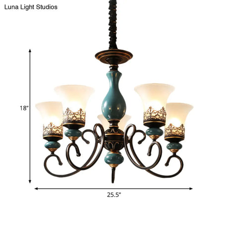 Milky Glass Bell Shade Pendant Light In Rustic Blue - 3/5/6-Head Chandelier For Unique Lighting