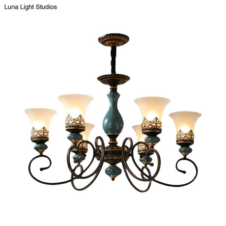 Milky Glass Bell Shade Pendant Light In Rustic Blue - 3/5/6-Head Chandelier For Unique Lighting