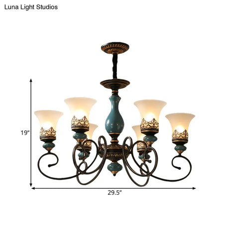 Milky Glass Bell Shade Pendant Light In Rustic Blue - 3/5/6-Head Chandelier For Unique Lighting