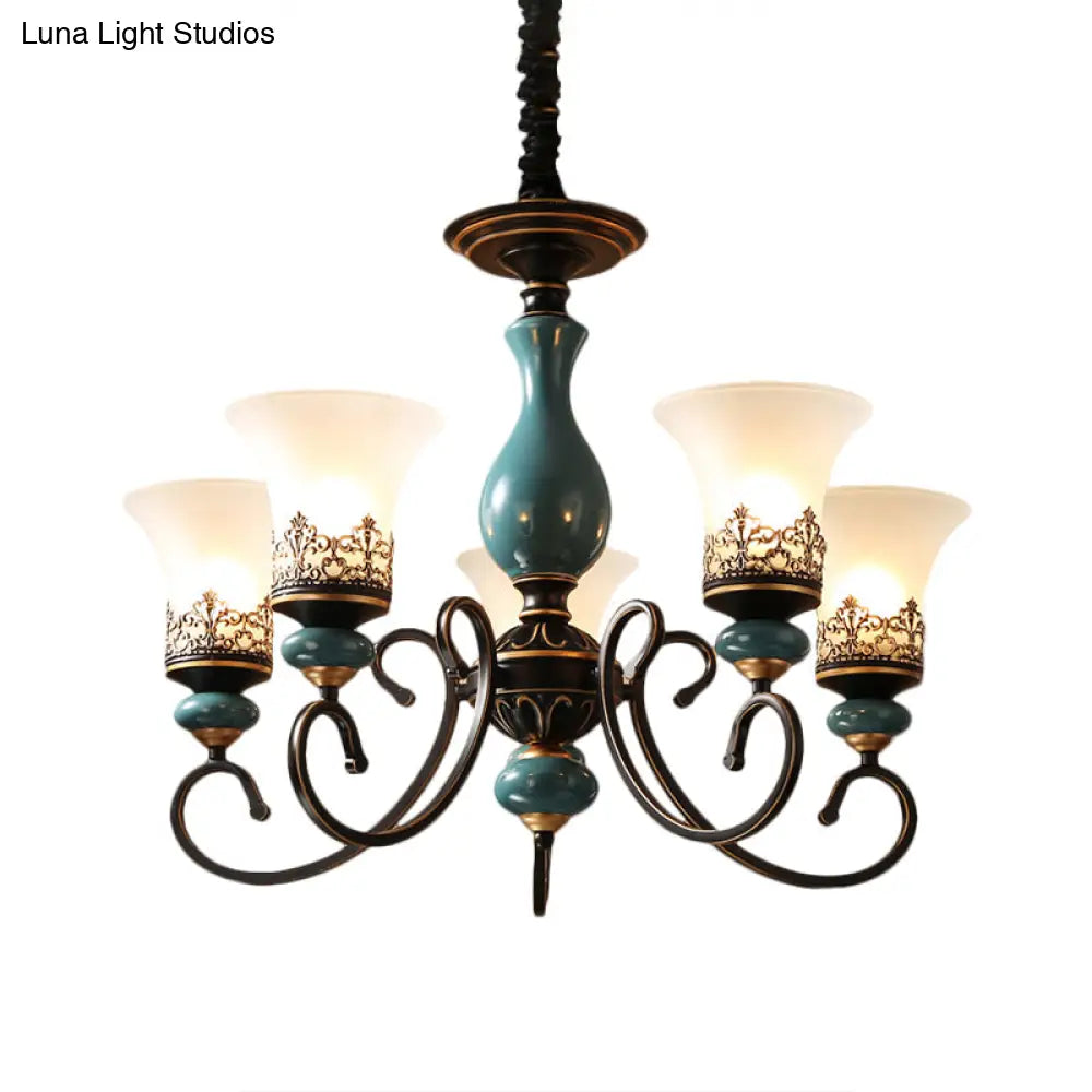 Milky Glass Bell Shade Pendant Light In Rustic Blue - 3/5/6-Head Chandelier For Unique Lighting