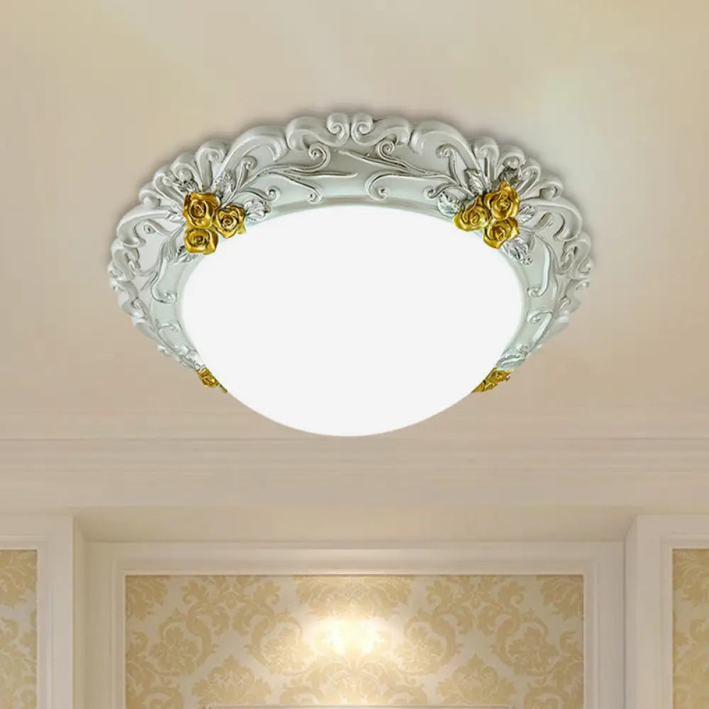 Milky Glass Led Ceiling Fixture - Traditional Semi - Orb Flush Mount Light With White And