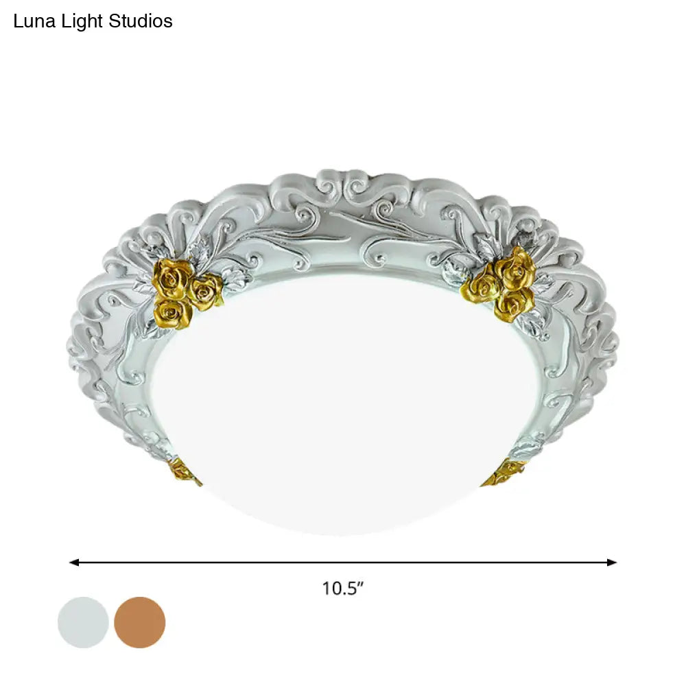 Milky Glass Led Ceiling Fixture - Traditional Semi - Orb Flush Mount Light With White And