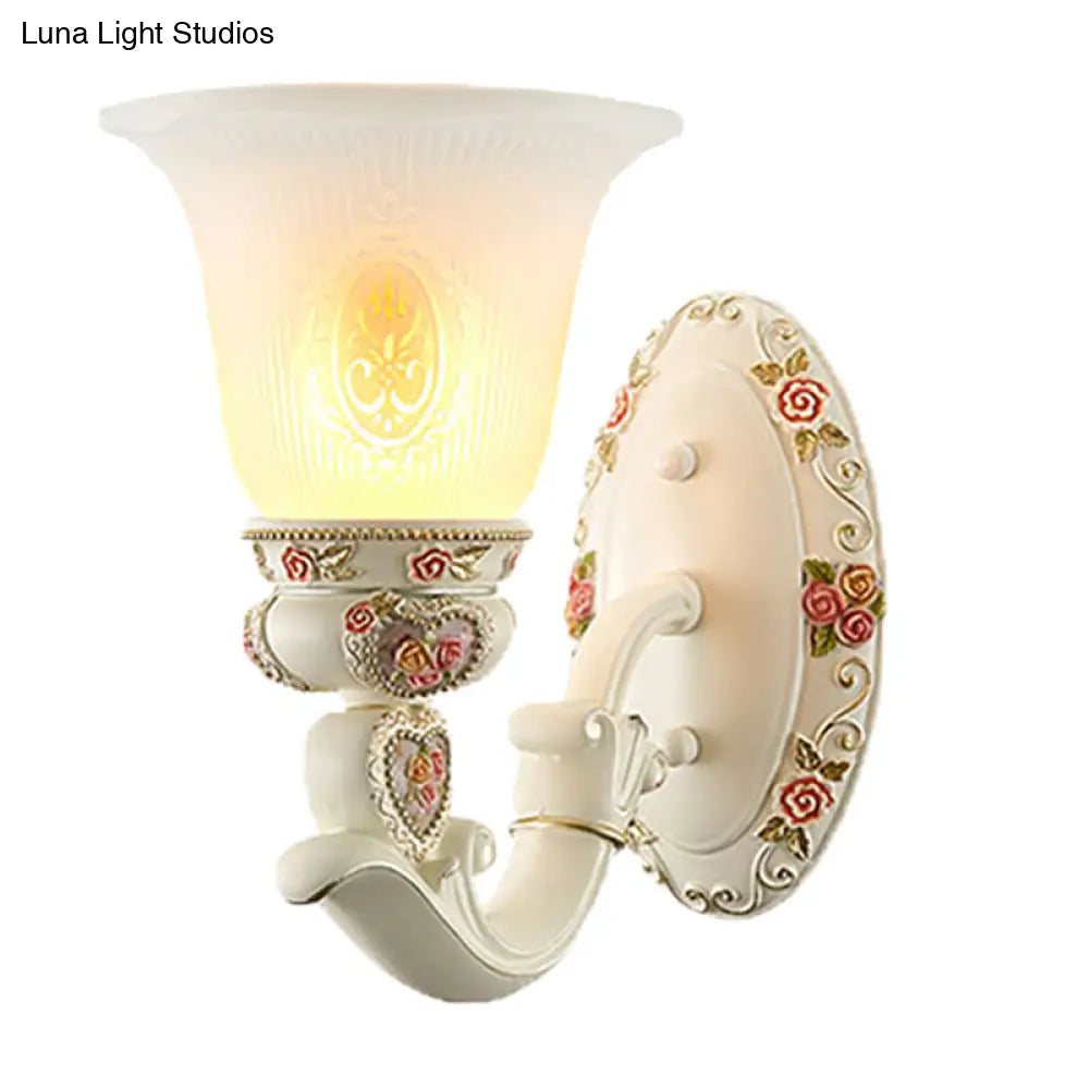 Milky Glass Ribbed Conical Living Room Sconce Light: White Floral Wall Fixture With Countryside