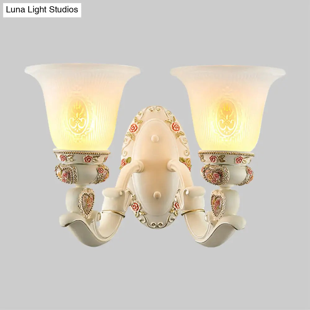 Milky Glass Ribbed Conical Living Room Sconce Light: White Floral Wall Fixture With Countryside
