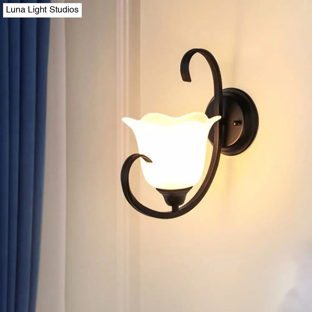 Milky Glass Wall Sconce With Floral Design And Scroll Arm For Elegant Country Decor