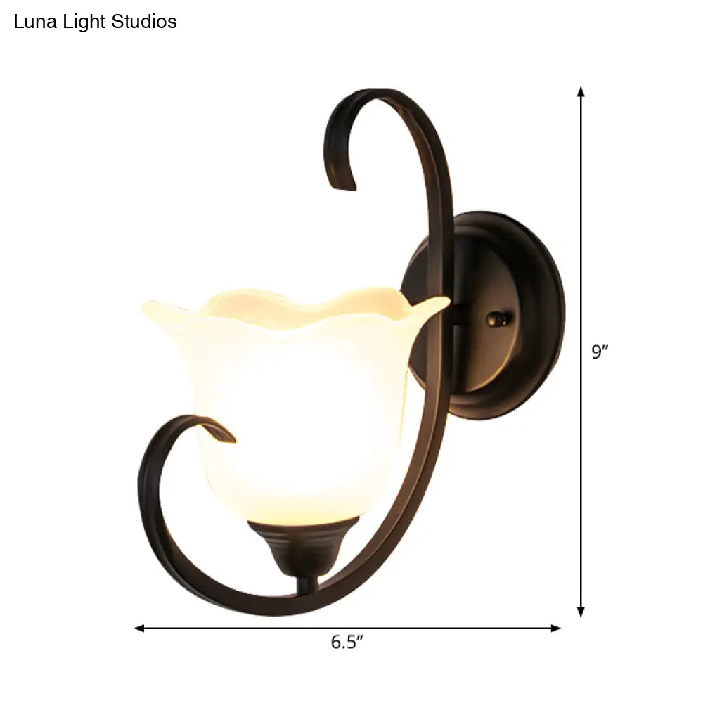 Milky Glass Wall Sconce With Floral Design And Scroll Arm For Elegant Country Decor