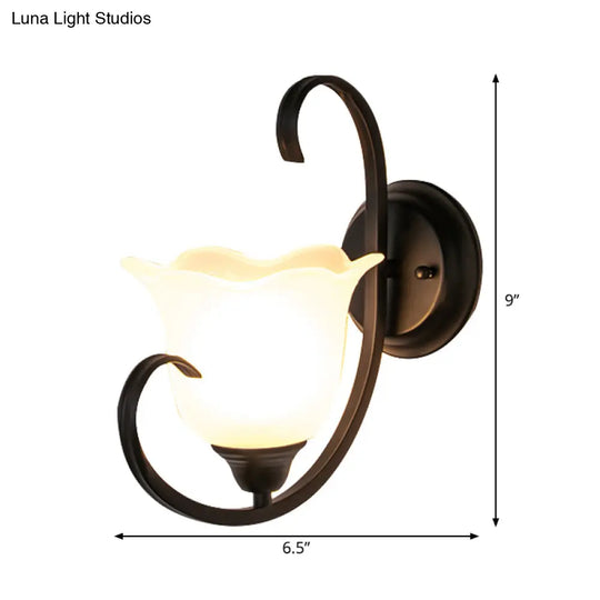 Milky Glass Wall Sconce With Floral Design And Scroll Arm For Elegant Country Decor