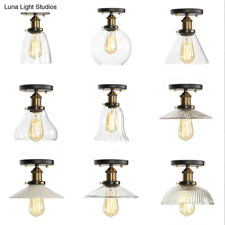 Mini Corridor Semi Flush Light Farmhouse Globe/Pear Ceiling Lamp – Clear Ribbed Glass Black &