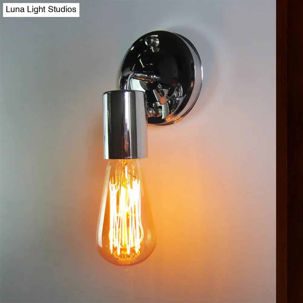 Mini Polished Chrome Industrial Metal Wall Sconce - Bedroom Mount Light With Open Bulb