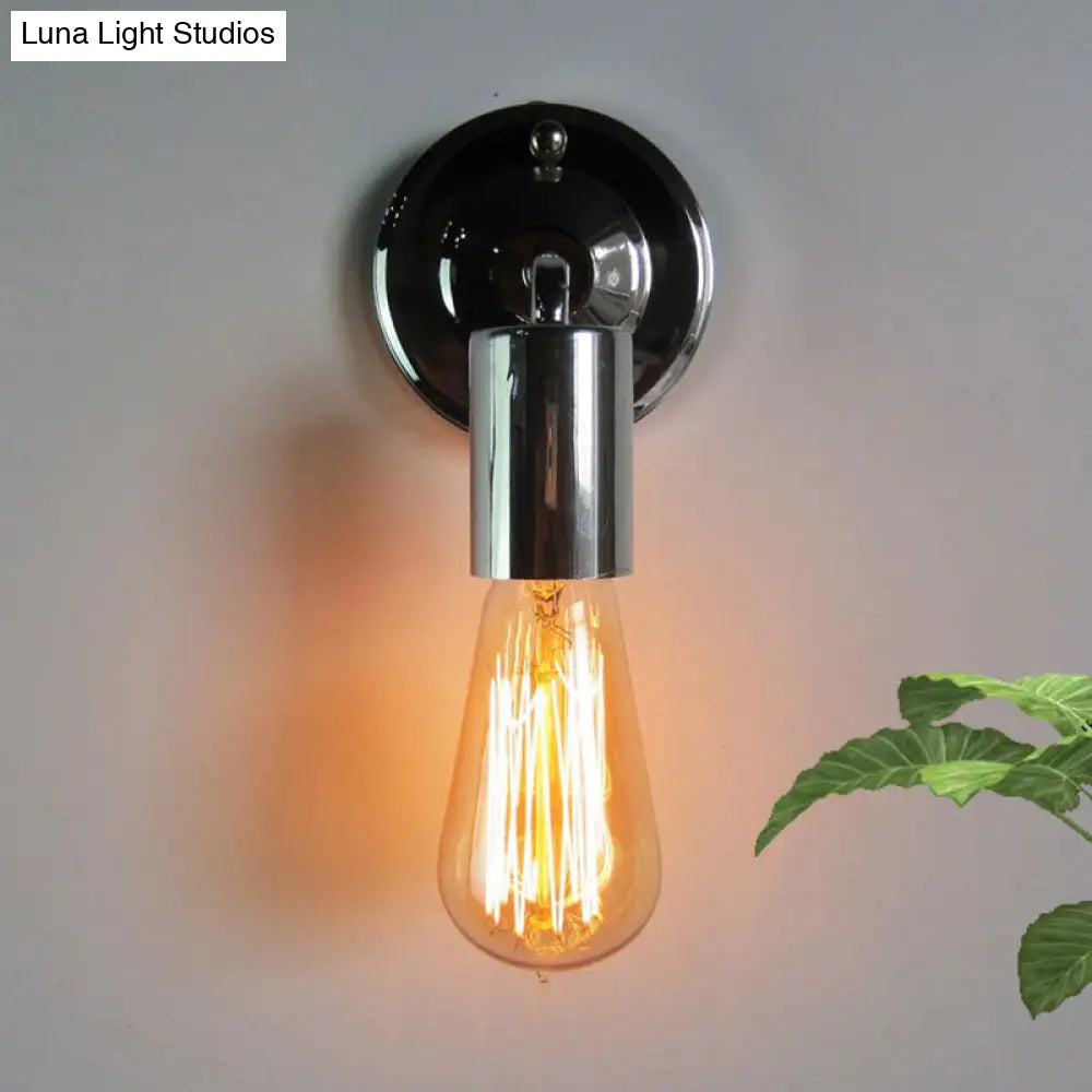 Mini Polished Chrome Industrial Metal Wall Sconce - Bedroom Mount Light With Open Bulb