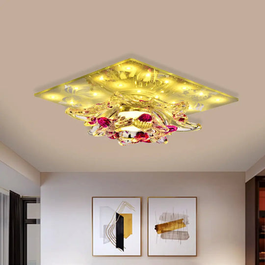 Minimal Clear Crystal Led Flush - Mount Porch Ceiling Lamp In Rose Red With Warm/White Light / Warm