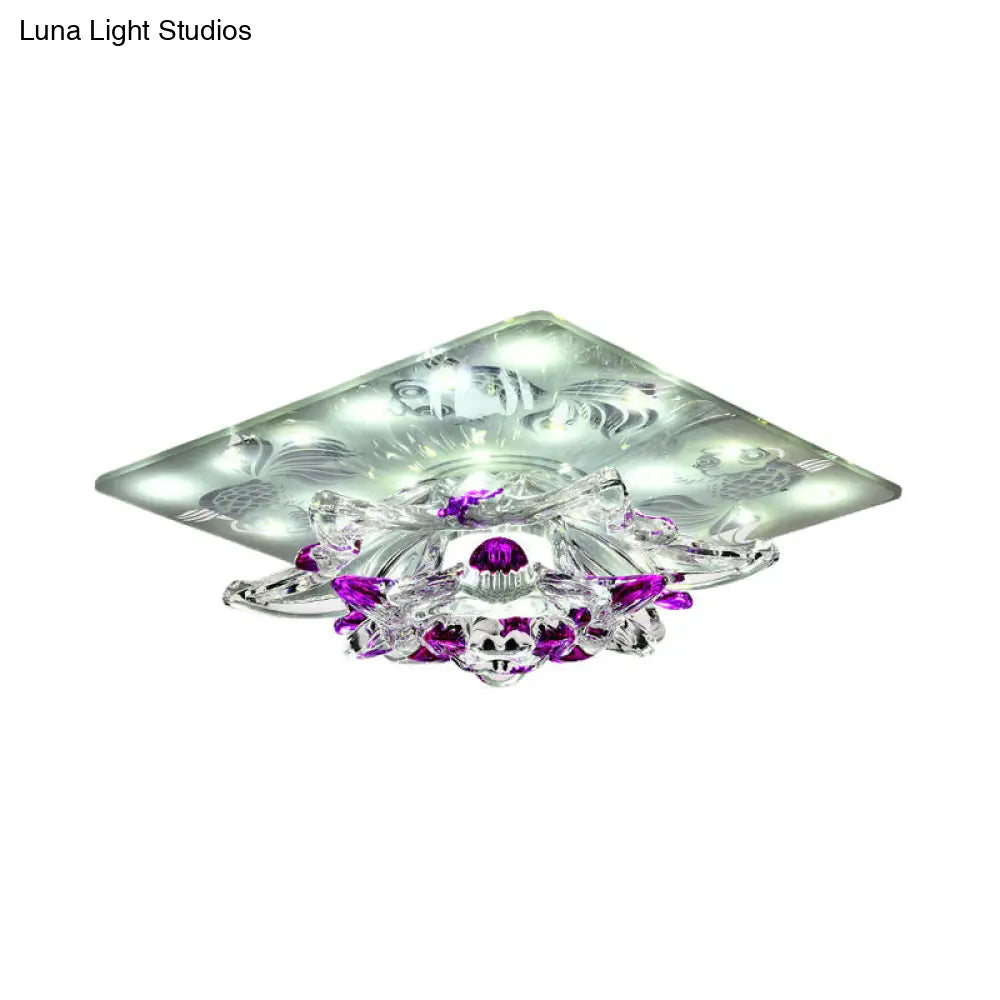 Minimal Clear Crystal Led Flush-Mount Porch Ceiling Lamp In Rose Red With Warm/White Light