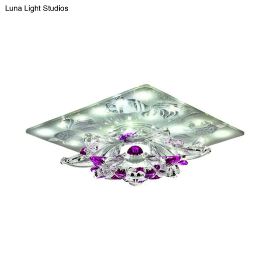 Minimal Clear Crystal Led Flush-Mount Porch Ceiling Lamp In Rose Red With Warm/White Light