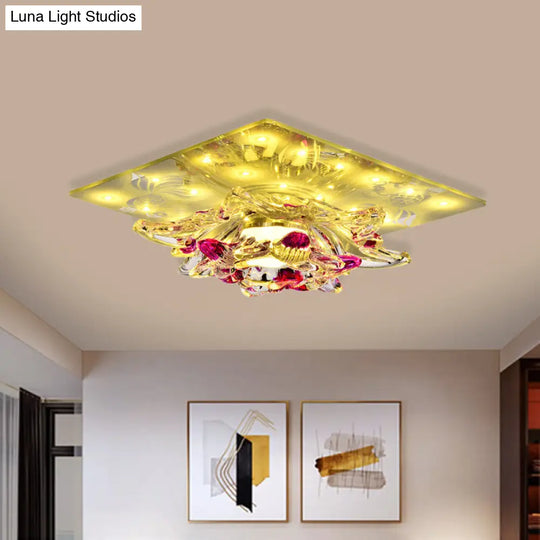 Minimal Clear Crystal Led Flush-Mount Porch Ceiling Lamp In Rose Red With Warm/White Light / Warm