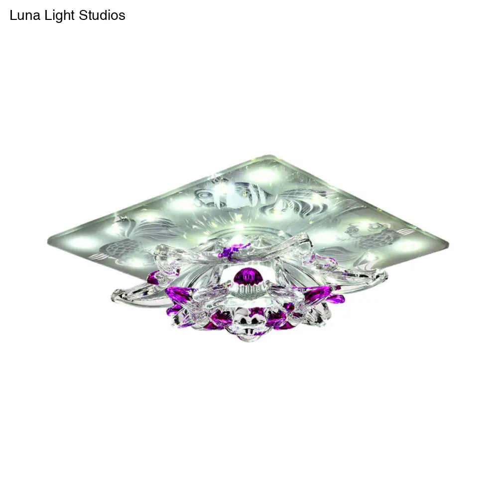 Minimal Clear Crystal Led Flush - Mount Porch Ceiling Lamp In Rose Red With Warm/White Light