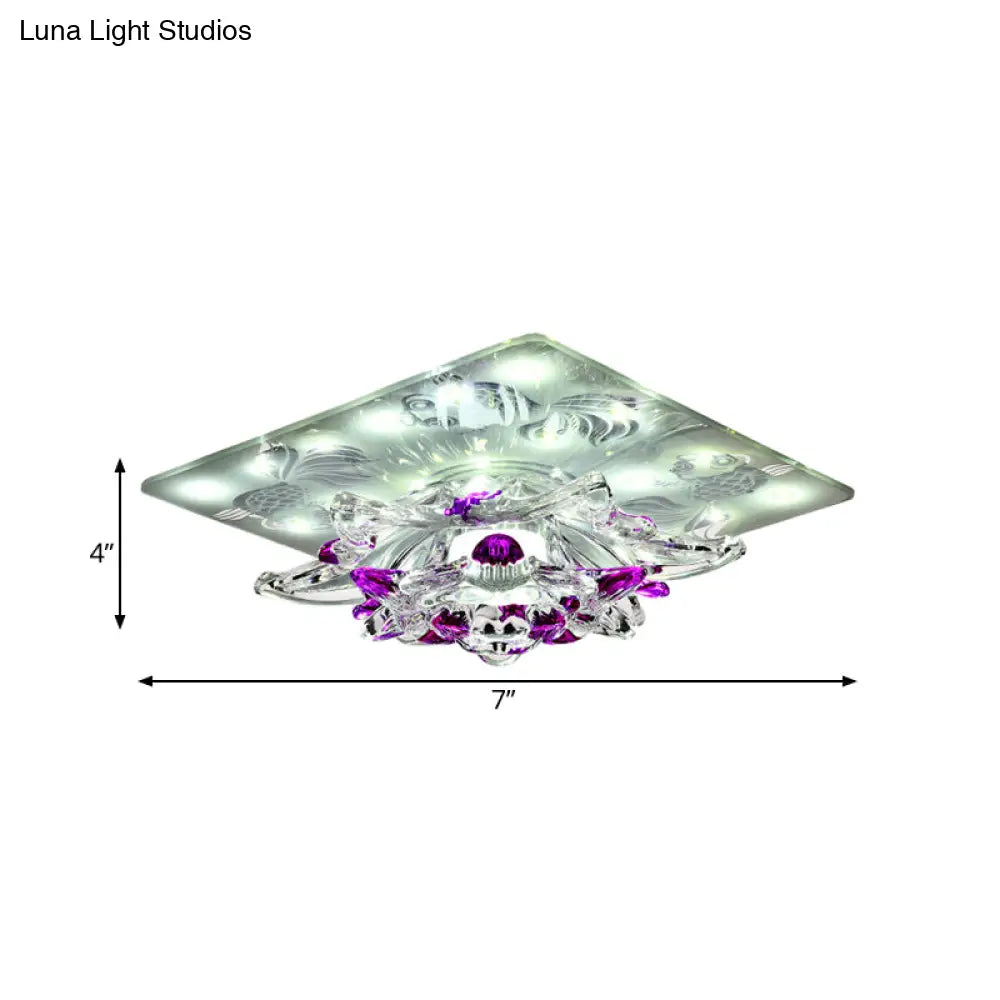Minimal Clear Crystal Led Flush-Mount Porch Ceiling Lamp In Rose Red With Warm/White Light