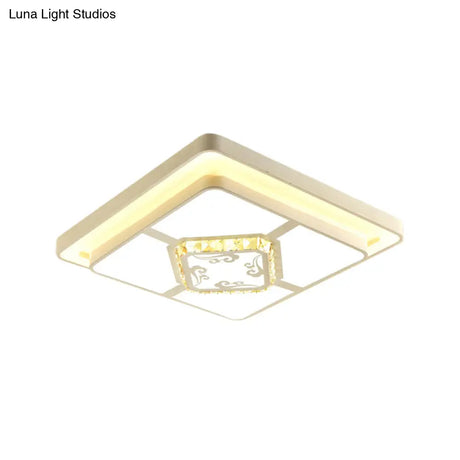 Minimal Led White Flush Mount Ceiling Light For Living Room - Crystal Square/Rectangular Lamp