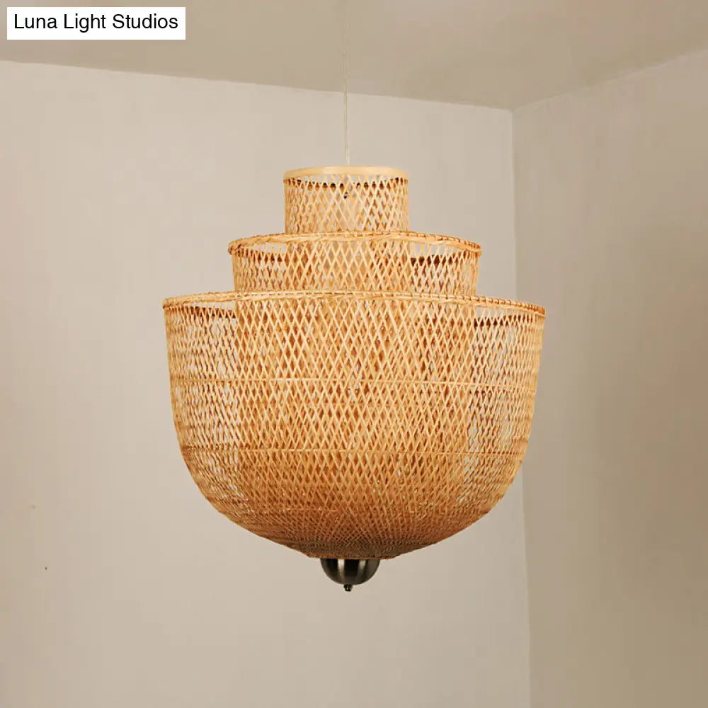 Minimalist 1-Head Bamboo Suspension Pendant Ceiling Light For Tea Room Wood / 23.5’’ A