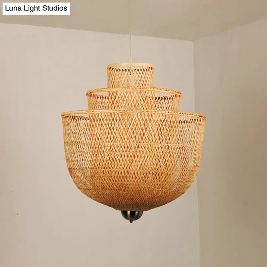 Minimalist 1-Head Bamboo Suspension Pendant Ceiling Light For Tea Room Wood / 23.5’’ A
