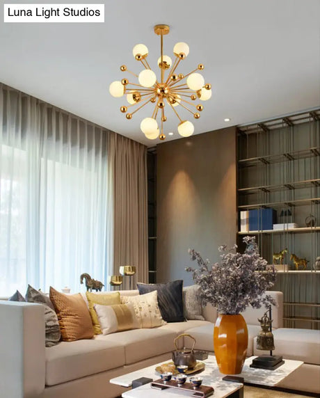Minimalist 12-Light Cream Glass Pendant Light For Living Room - Golden Dandelion Chandelier