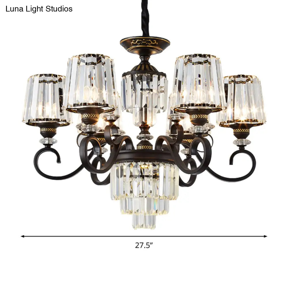 Minimalist 3-Tier Black Crystal Chandelier - 3/6 Lights With Conical Shade