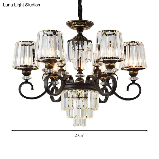 Minimalist 3-Tier Crystal Rectangle Chandelier With Conical Black Shade 3/6 Lights - Ceiling