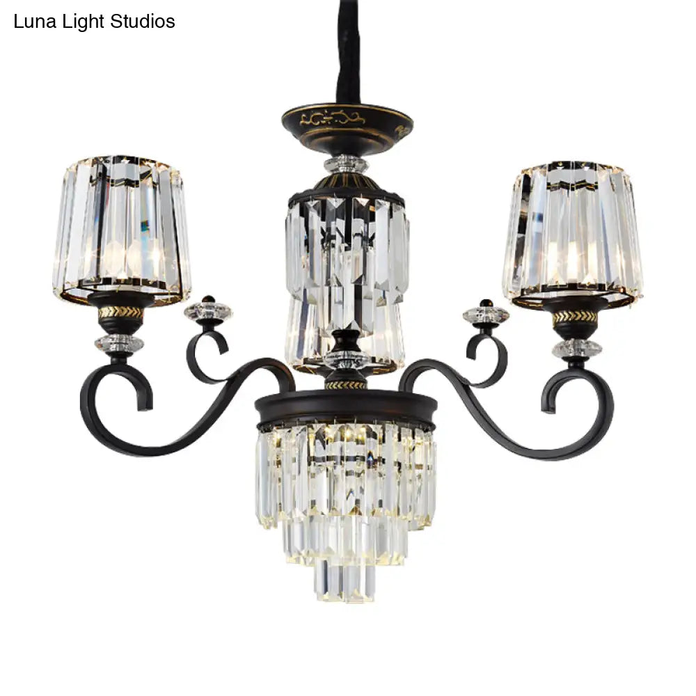 Minimalist 3-Tier Black Crystal Chandelier - 3/6 Lights With Conical Shade