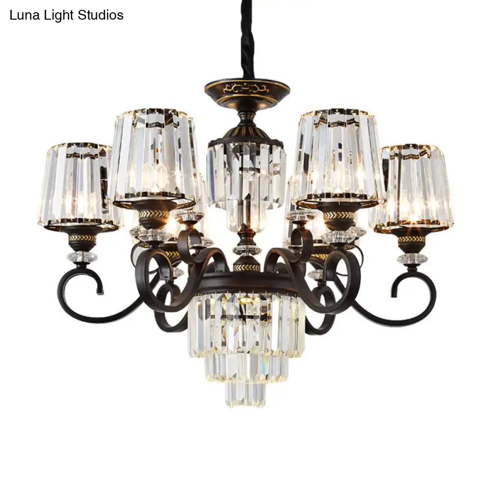Minimalist 3-Tier Crystal Rectangle Chandelier With Conical Black Shade 3/6 Lights - Ceiling