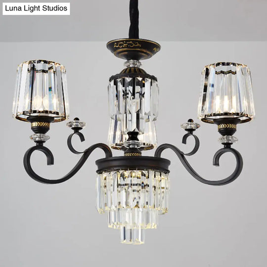 Minimalist 3-Tier Black Crystal Chandelier - 3/6 Lights With Conical Shade