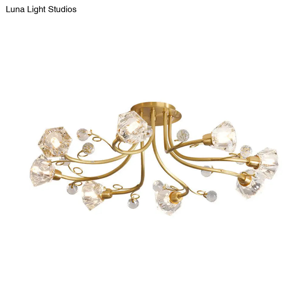 Minimalist 8-Head Gold Crystal Flush Mount Ceiling Lighting