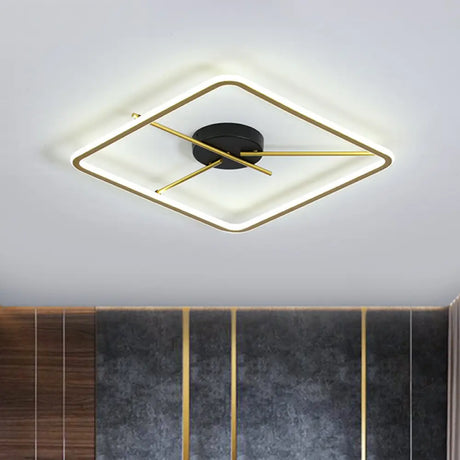 Minimalist Aluminum Flush Mount Ceiling Light With Square Black-Gold Frame And Rod Fixture Arm -