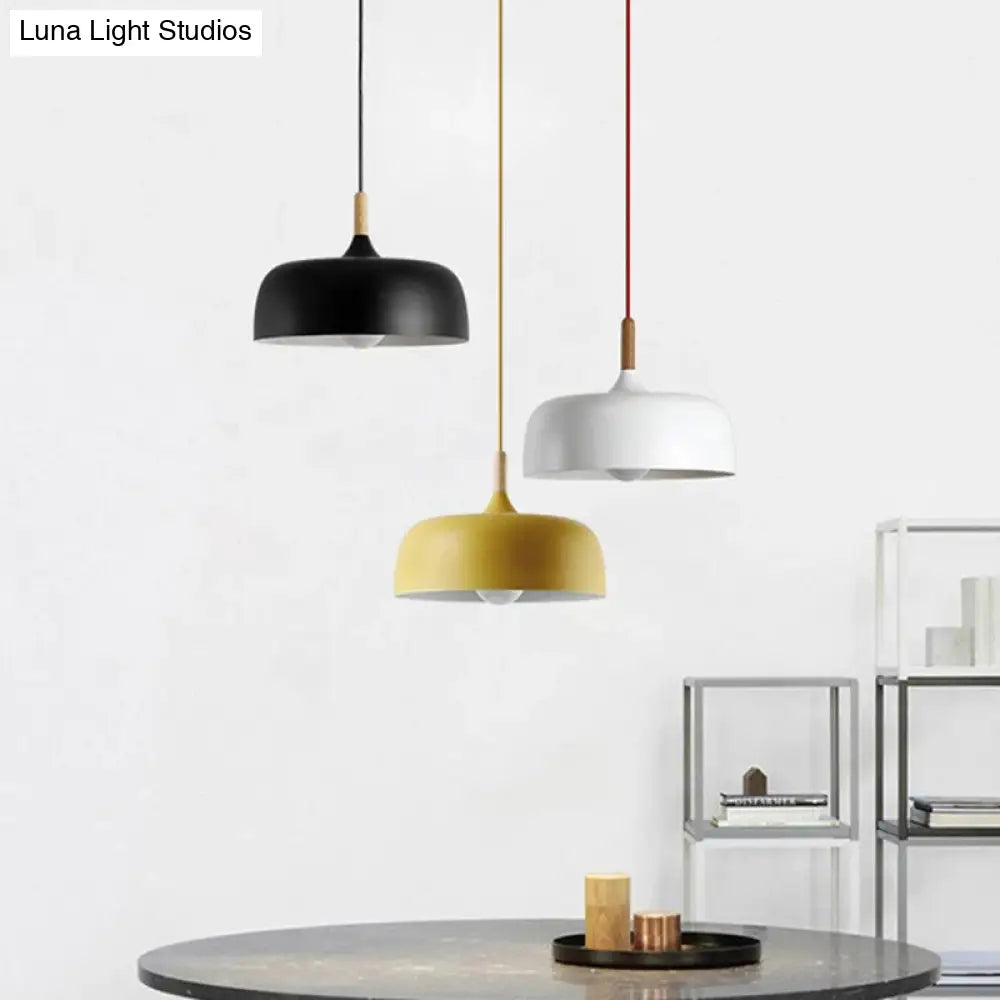 Minimalist Aluminum Round Hanging Pendant Light With Wooden Tip - Ideal For Restaurants