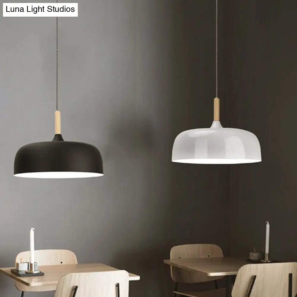 Minimalist Aluminum Round Hanging Pendant Light With Wooden Tip - Ideal For Restaurants
