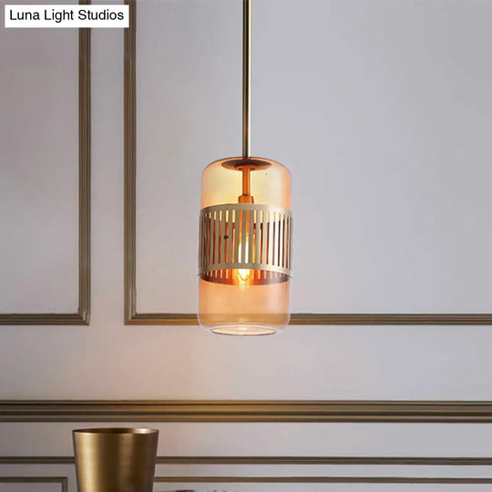 Minimalist Amber/Green Glass Kitchen Island Suspension Lamp - 1 Head Ceiling Hang Fixture Amber