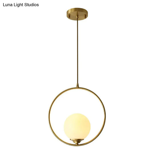 Minimalist Antique Gold Ceiling Lamp With Cream Glass Shade And Ring Decoration