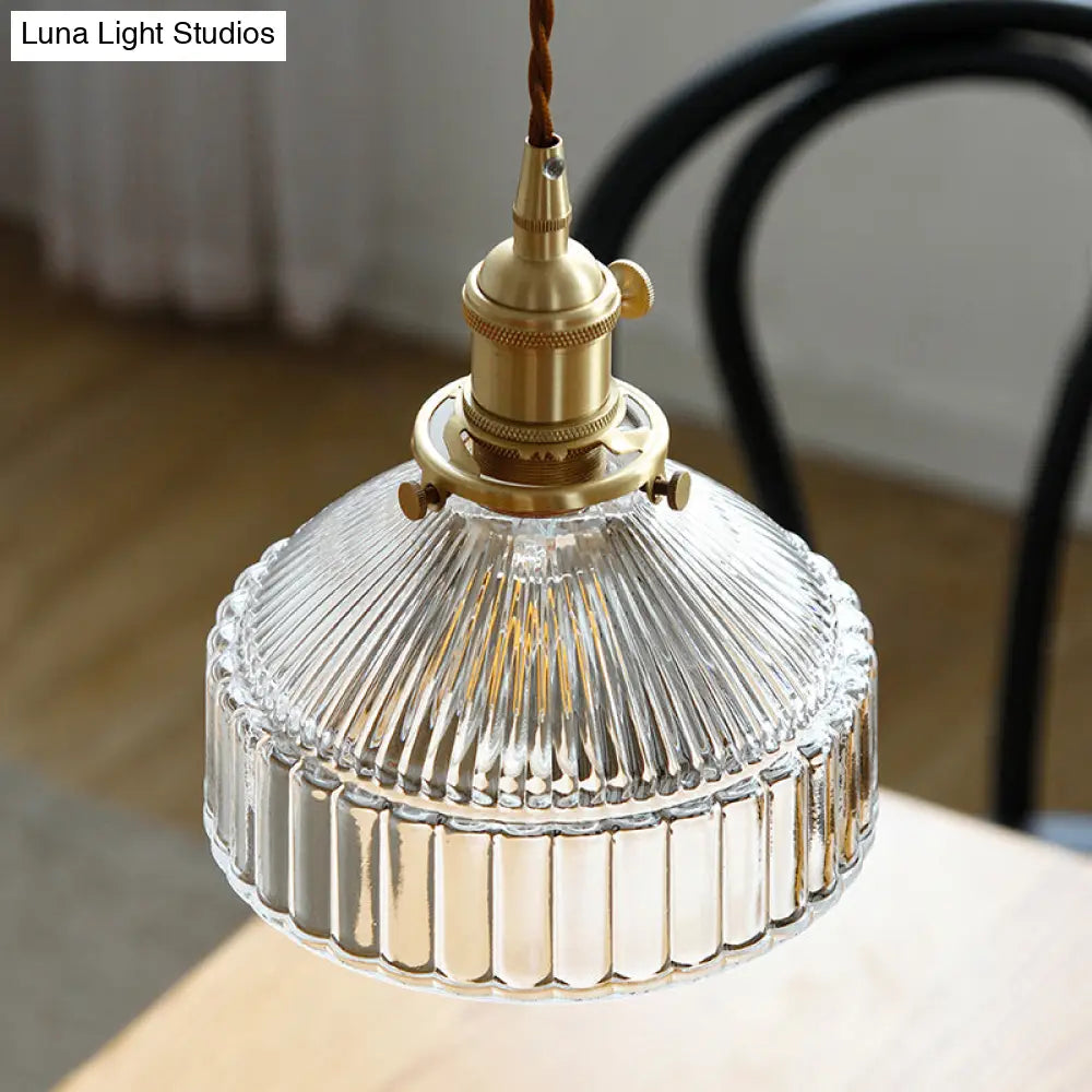 Minimalist Ribbed Glass Pendant Light Barn Shaped Brass Suspension