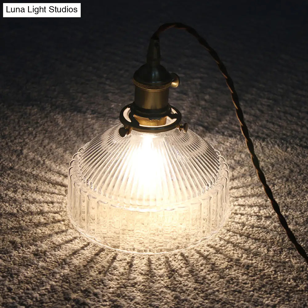 Minimalist Barn Shaped Glass Pendant Light With Clear Ribbed Design - Brass Suspension (1 Head)