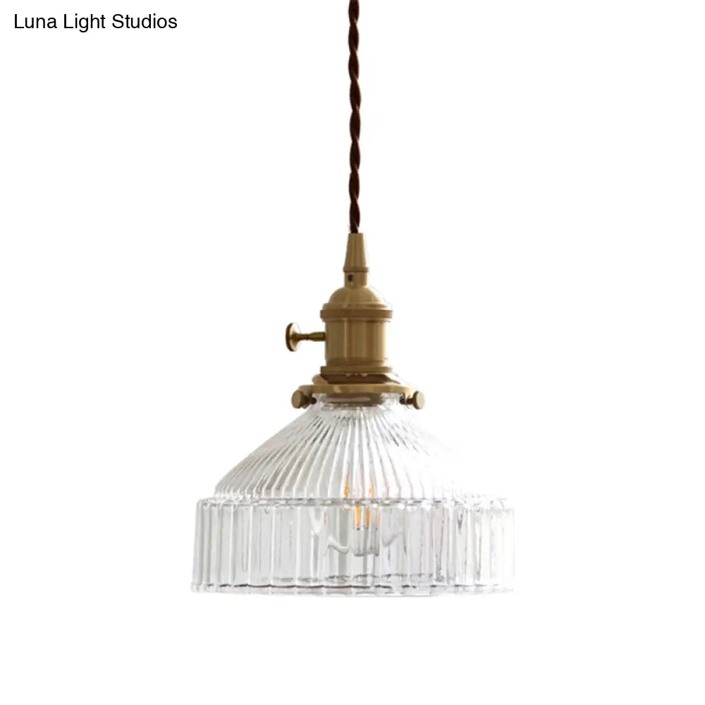 Minimalist Ribbed Glass Pendant Light Barn Shaped Brass Suspension Clear