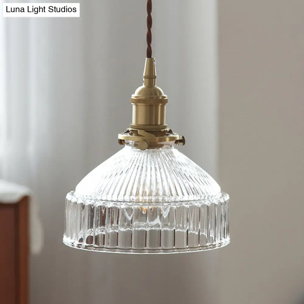 Minimalist Barn Shaped Glass Pendant Light With Clear Ribbed Design - Brass Suspension (1 Head)
