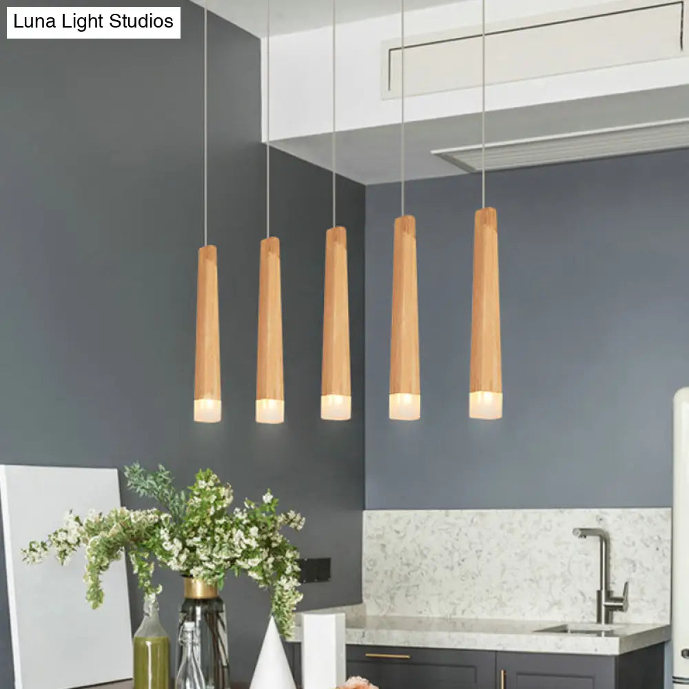 Minimalist Beige Multi-Pendant Dining Room Light With Square Wood Shades - 3/5 Heads