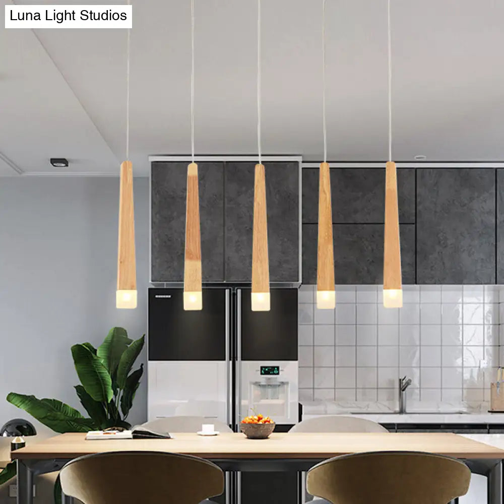 Minimalist Beige Suspension Light With Wood Shade - 3/5 Heads Dining Room Multi Pendant