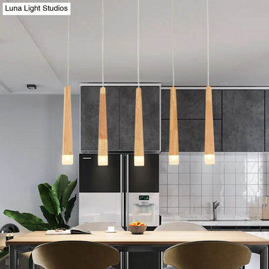 Minimalist Beige Suspension Light With Wood Shade - 3/5 Heads Dining Room Multi Pendant
