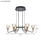 Minimalist Black Chandelier With Round Crystal Shade- 6/8 Bulbs Living Room Suspension Light